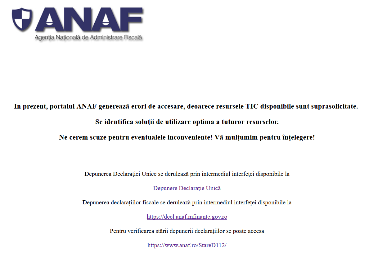 Serverele ANAF au picat, Spațiul Virtual Privat nu este disponibil