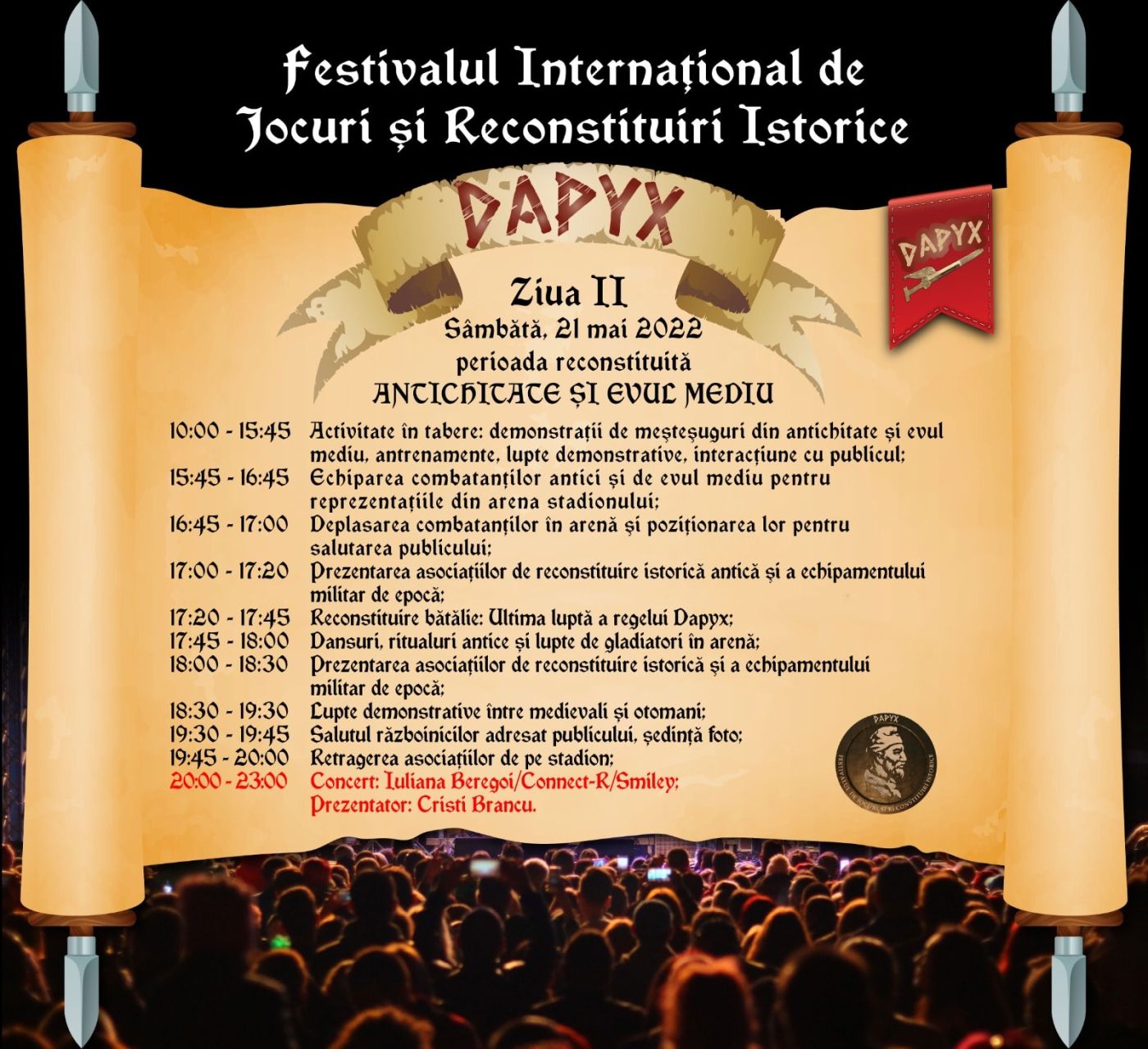 Dapyx, 21 mai 2022: reconstituirea perioadelor Antichitate și Ev Mediu, concerte Iuliana Beregoi, Connect-R, Smiley