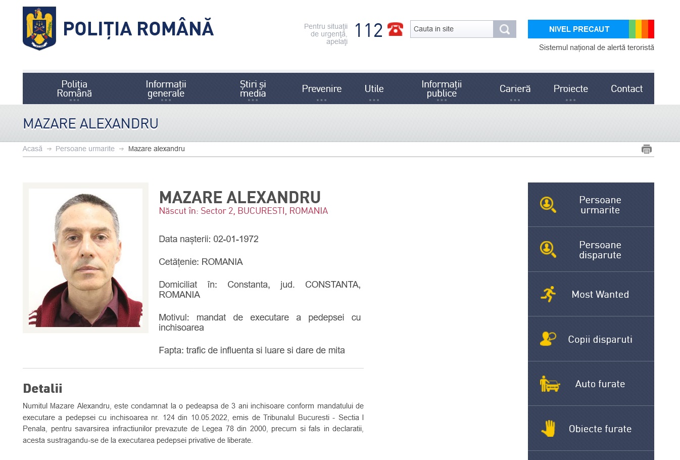 Alexandru Mazăre a apărut pe site-ul Poliției Române, la categoria „Urmăriți”